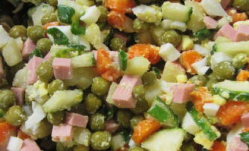 Оливье настоящий французский рецепт. Классический салат Оливье с колбасой, горошком, свежим огурцом